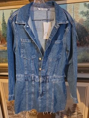 Zara Medium Blue Denim Overall Dress with Button Front